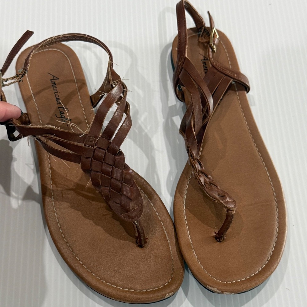 American Eagle Womens 7.5 Brown Braided Strappy Gladiator Sandals Ankle Buckle